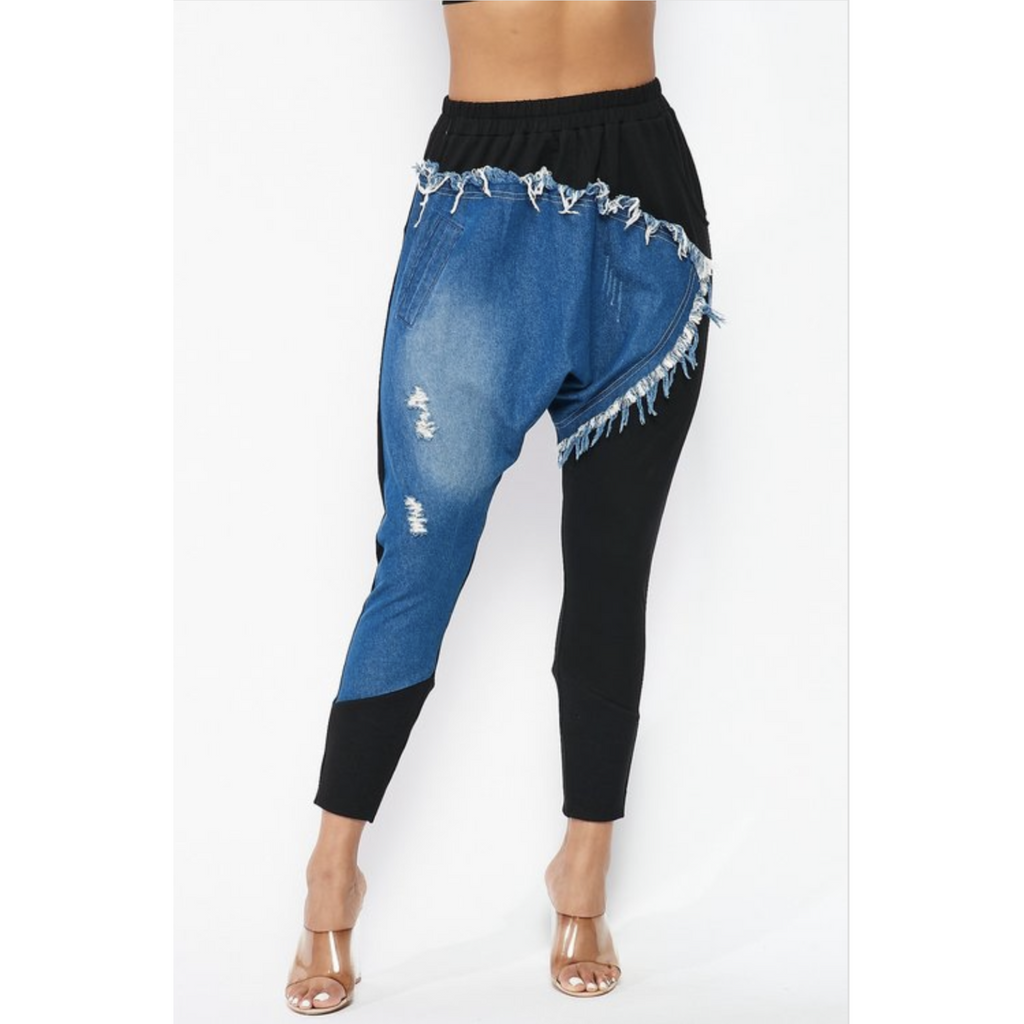 Plus Size Denim Harem Pants for Women Elastic Waist Wide Leg Wash Jeans  with Pockets Solid Color Pleated Loose-Fit Trousers - Walmart.com